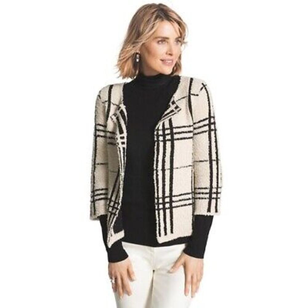 Chico's Cleo Plaid Cropped Cardigan Open Front Fuzzy Sweater 3/4 Sleeve Sz 1 M